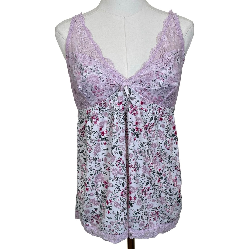 Laura Ashley Floral Lace Trim Chemise Women XL Purple Pink Babydoll Cottage
